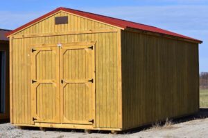 this is a treated wood utility building for sale or rent to own in 